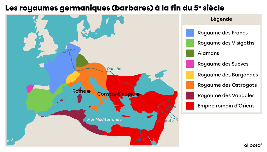 Carte des royaumes germaniques après la chute de l’Empire romain d’Occident