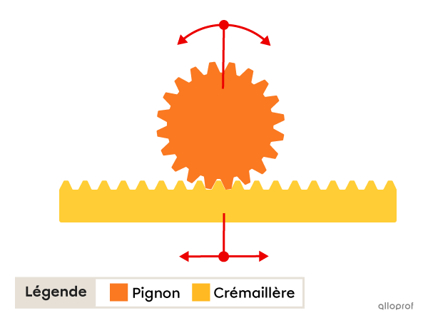 Le pignon effectue un mouvement de rotation sur la crémaillère, qui effectue à son tour un mouvement de translation rectiligne.