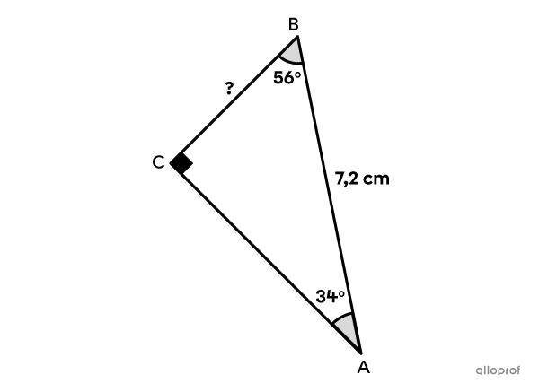 On cherche la mesure de la cathète adjacente à un angle dans un triangle rectangle à l’aide du rapport cosinus.