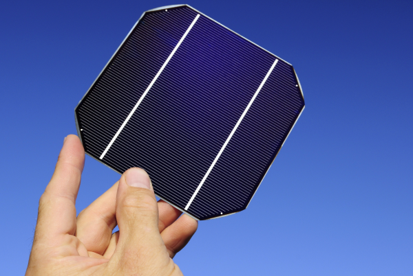 Une main tient une cellule photovoltaïque.