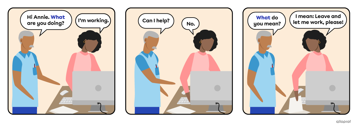 Dialogue in 3 panels with examples of questions where objects aren’t necessary.