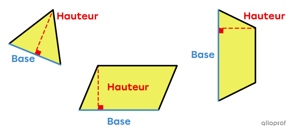 La base et la hauteur dans plusieurs polygones