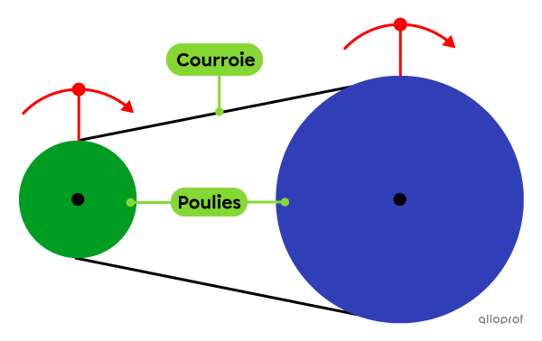 La poulie menante entraine, par son mouvement de rotation, la courroie en mouvement. Cette dernière permet le mouvement de rotation des poulies menées.