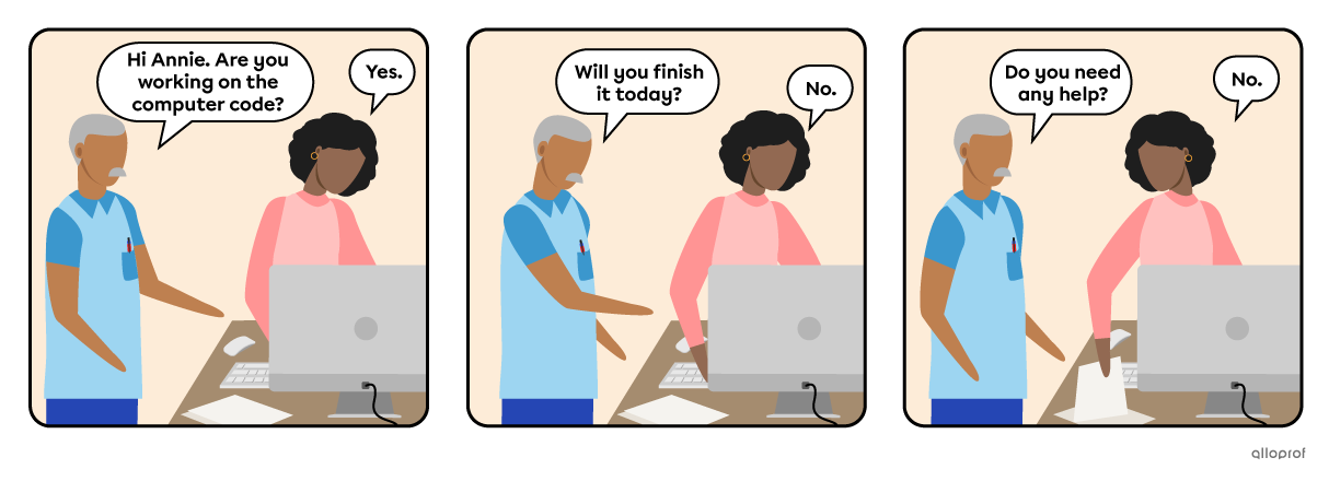Dialogue in 3 panels with yes/no question examples.