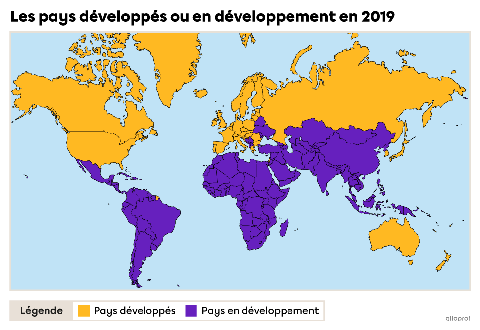 Carte des pays développés et des pays en développement à travers le monde