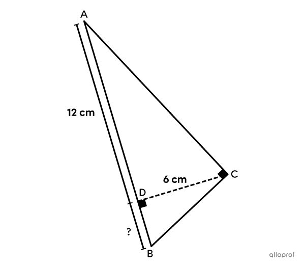 On cherche la mesure de la projection d’une des cathètes sur l’hypoténuse dans ce triangle rectangle.