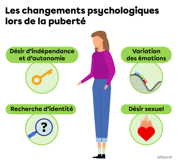 Le désir d’indépendance et d’autonomie, la recherche d’identité, la variation des émotions et le désir sexuel sont des changements psychologiques qui ont lieu à la puberté.