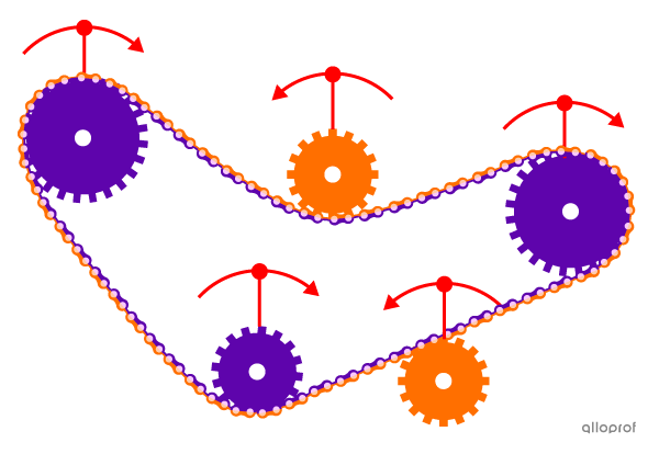 The direction of rotation of the sprockets positioned on the inside and outside of the chain in a chain and sprocket system.