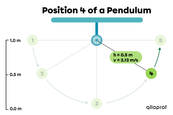 At position 4, the pendulum’s speed is 3.13 m/s and height is 0.5 m.