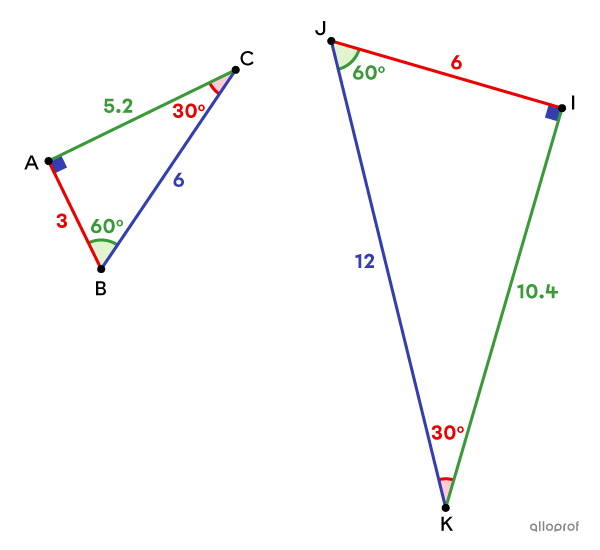 Two similar triangles with congruent corresponding angles and proportional corresponding sides.