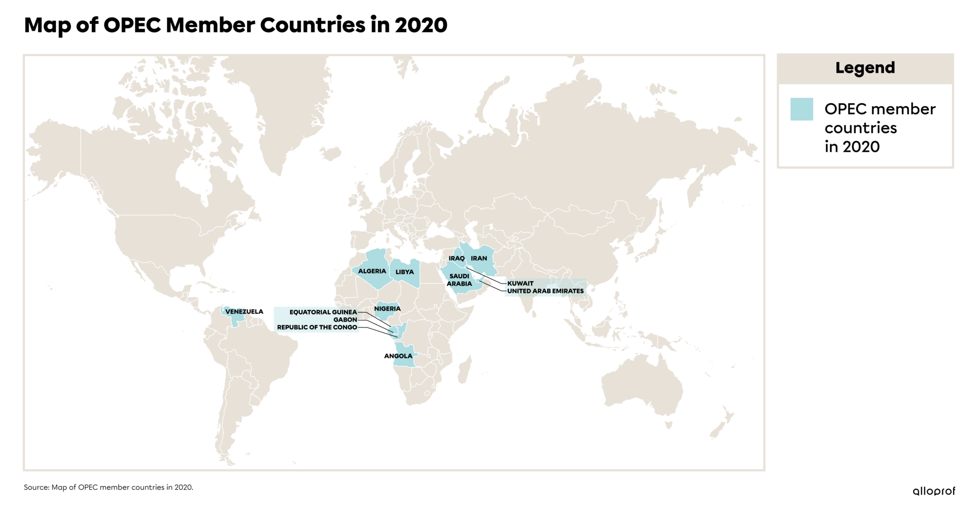 Map showing OPEC member countries.