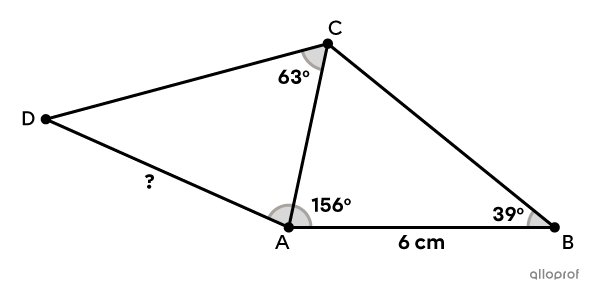 The measure of one side of triangle ACD is sought.