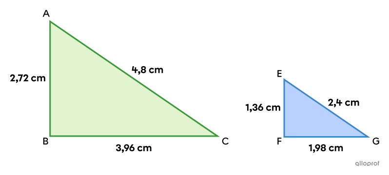 Le triangle ABC est semblable au triangle EFG, car leurs côtés homologues sont proportionnels.