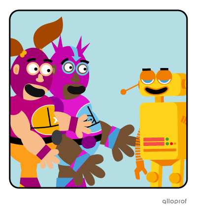 Two wrestlers in masks admiring the robot they have built together.