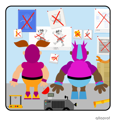 Two wrestlers in masks looking at blueprints on a wall.