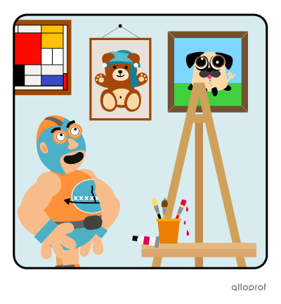 A wrestler in a mask, looking at portraits on a wall.