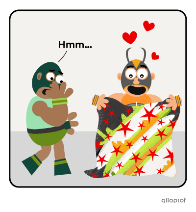 A wrestler in a mask showing another one the hideous fabric he wants to use for his new costume.