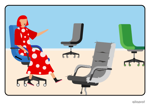 A person sitting on her favourite office chair, surrounded by several empty chairs.
