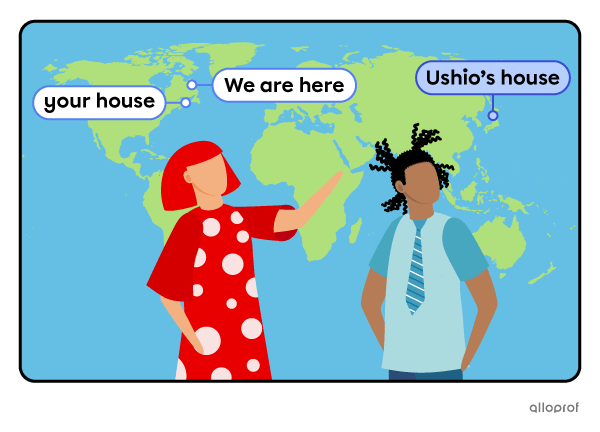 A person pointing to where her friend lives on a map.