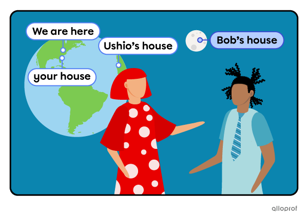 A person talking about her friend’s house far away on the Moon.