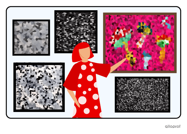 A person pointing to a painting with bright colours surrounded by other colourless paintings.