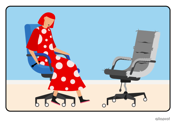 A person trying out her new office chair, right next to another old broken office chair.