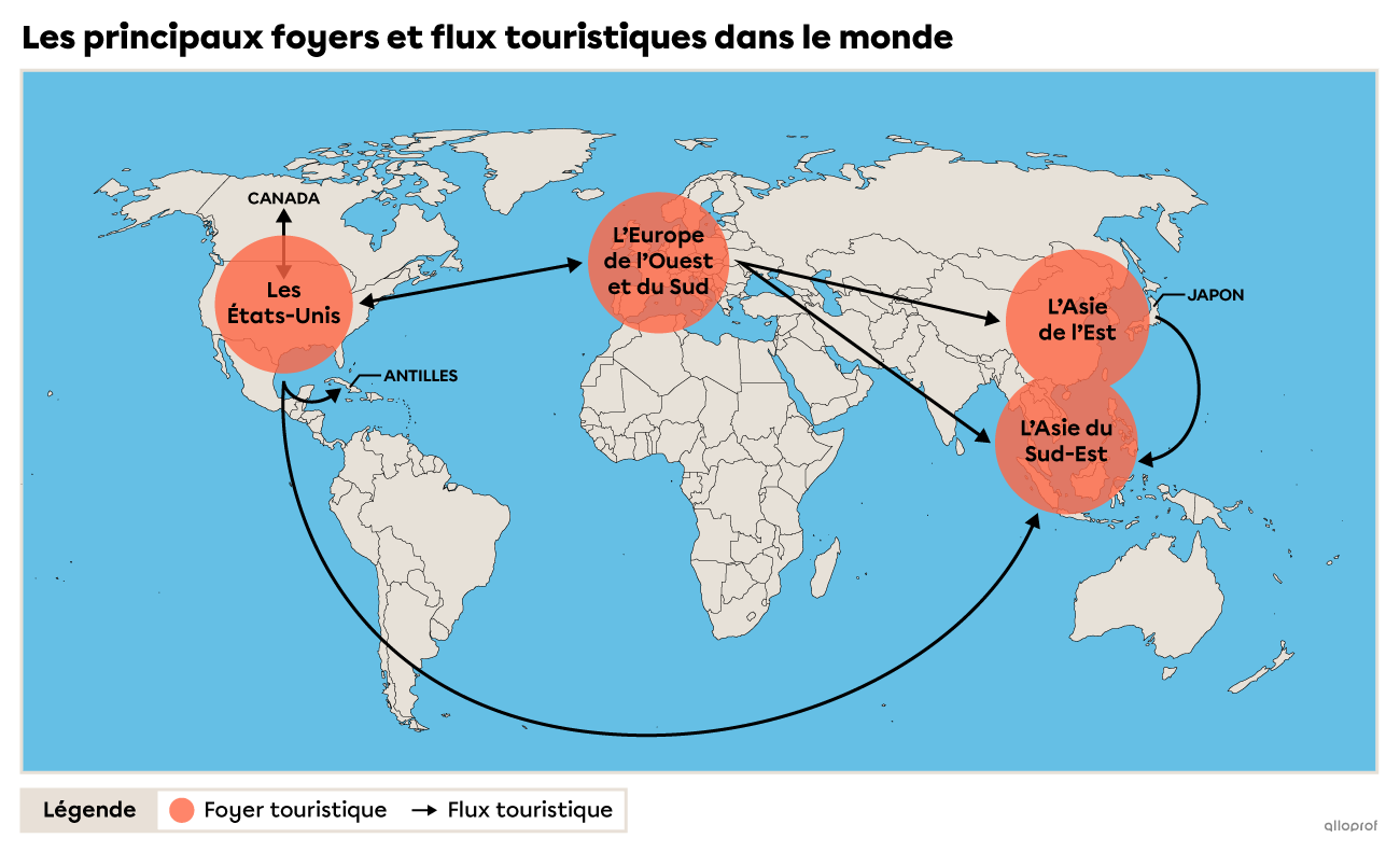 Les principaux foyers et flux touristiques dans le monde.
