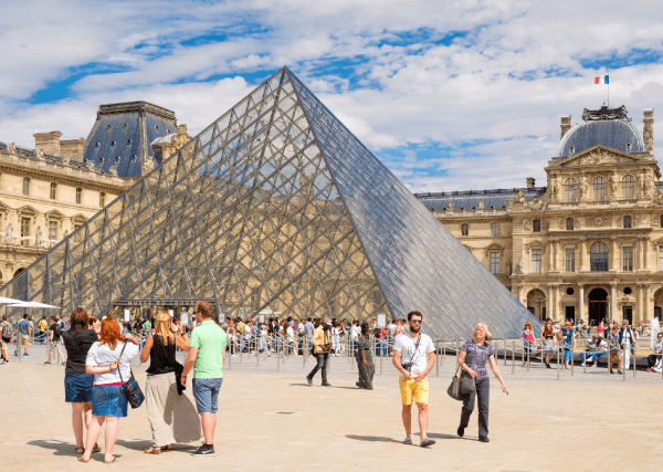 Photographie de la cour du musée du Louvre avec la pyramide de verre.