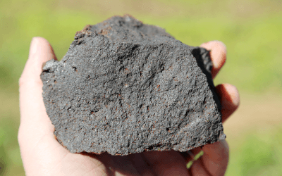 Une main tient un échantillon de roche volcanique.