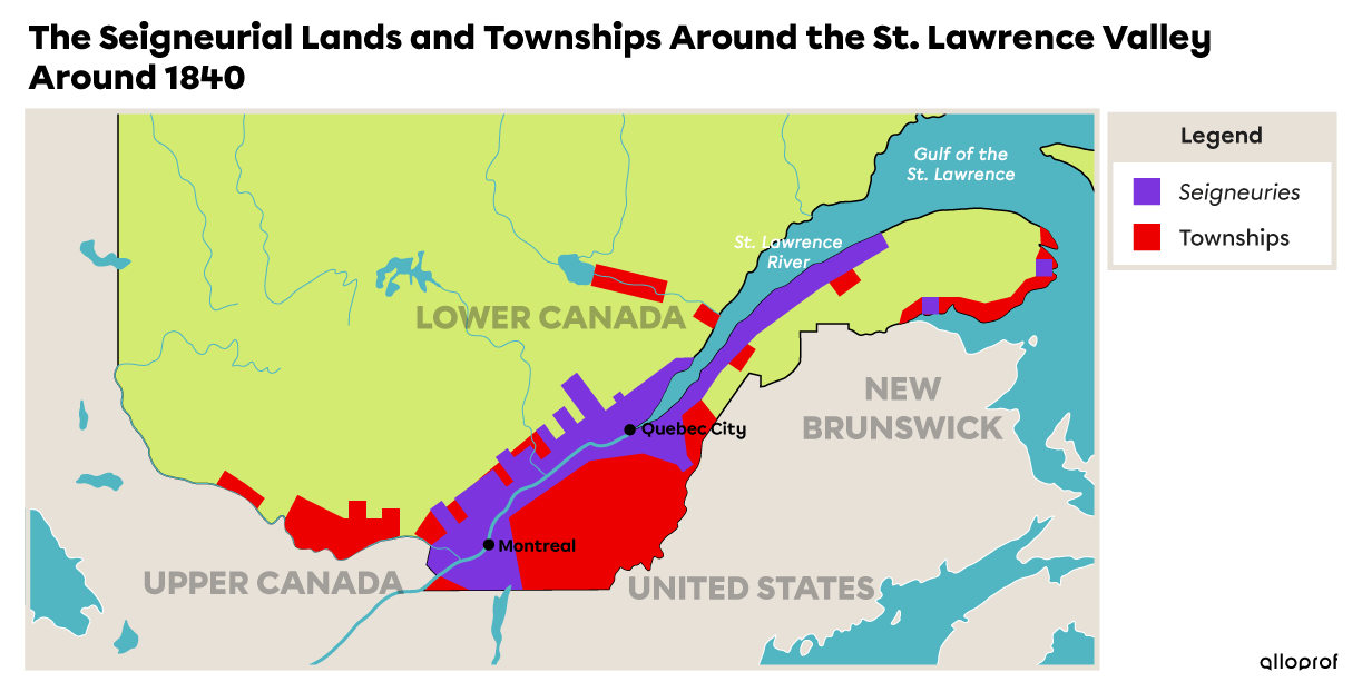 The seigneurial lands and townships around the St. Lawrence Valley around 1840.