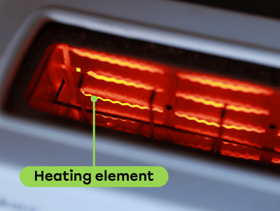 Metal filaments heat the inside of a toaster.