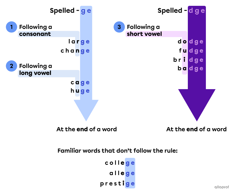 The general -ge vs -dge spelling rule comparing words like “large” spelled l-a-r-g-e and words like “dodge” spelled d-o-d-g-e. Description : 