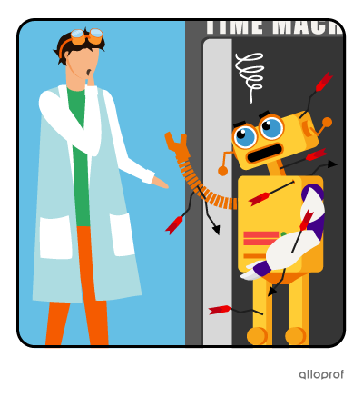 Hubert the inventor is surprised to see his robot assistant coming out of the time machine covered in arrows.