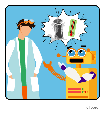 The robot assistant tells Hubert the inventor that the time machine overheated.