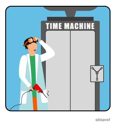 Hubert the inventor is proudly looking at his completed time machine.