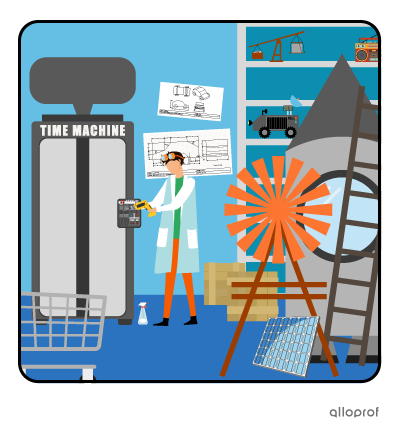 Hubert the inventor is making adjustments to his time machine and is surrounded by his numerous other inventions.