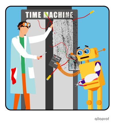 Hubert the inventor fixing damage to the time machine with the help of his assistant robot.