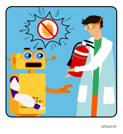 Hubert the inventor wearing his safety goggles and holding a fire extinguisher.