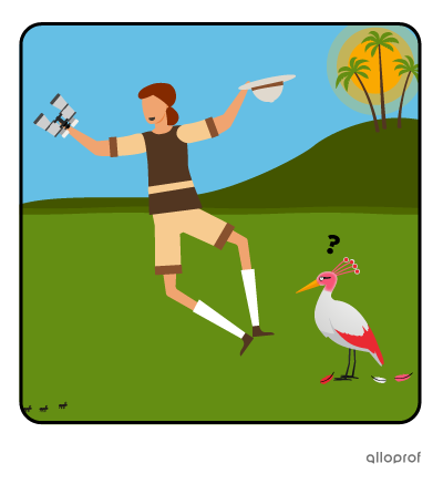 An explorer has discovered a new bird species and is jumping with joy.