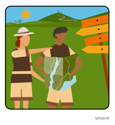 Guy looking at a map and Florence the explorer telling him the right direction to take.