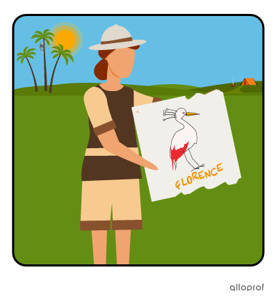 Florence the explorer is holding a bird picture she drew as a kid.