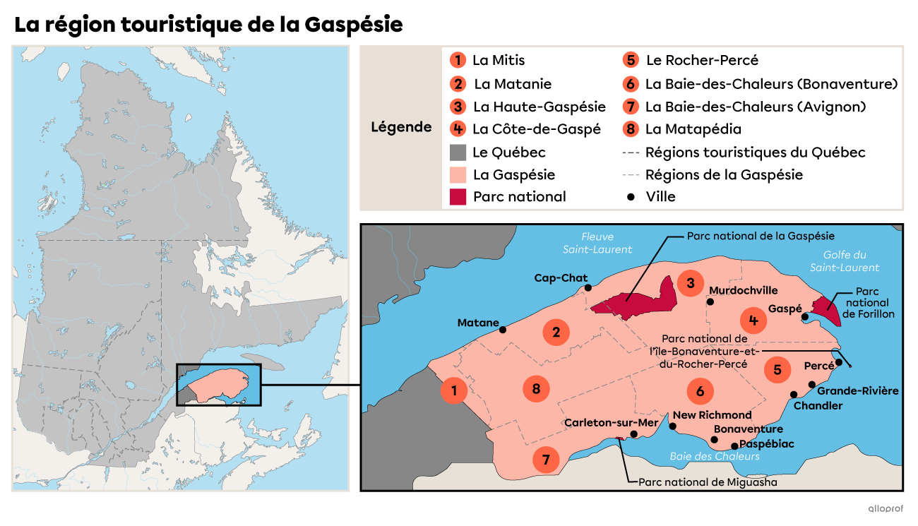 Carte de la région touristique de la Gaspésie.