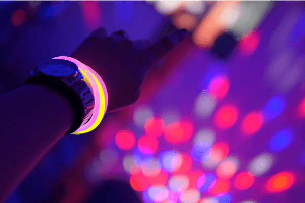 A photograph of glow-in-the-dark bracelets.