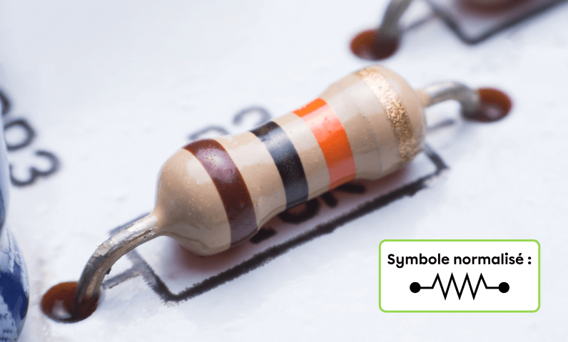 Une photo d’un résistor branché dans un circuit imprimé et son symbole normalisé.