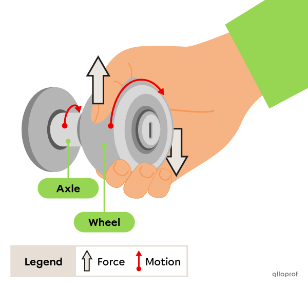 A hand turns a door handle. The hand applies a small amount of force to the handle (wheel). The handle performs a big motion while the axle performs a small motion.