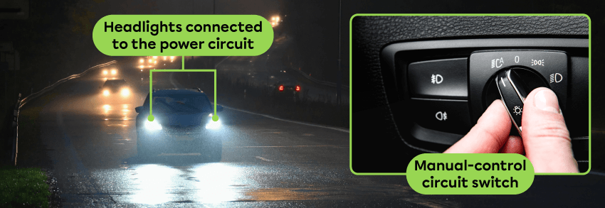 The headlights of a car on at night and their switch located inside the car.