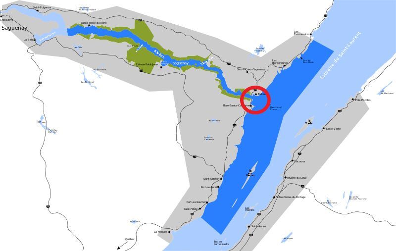 Carte maritime sur laquelle le confluent de la rivière Saguenay et du fleuve Saint-Laurent est encerclé.