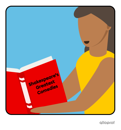 A girl is reading Shakespeare’s comedies and is smiling.