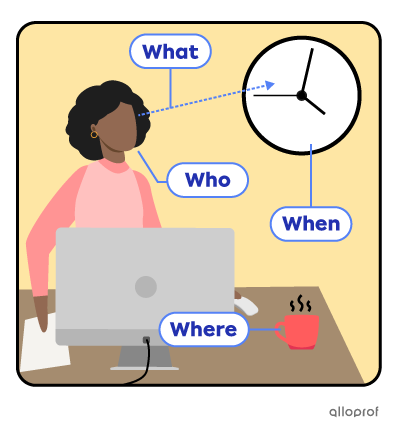 Annie the scientist is sitting at her desk and looking at the clock showing 10 a.m.