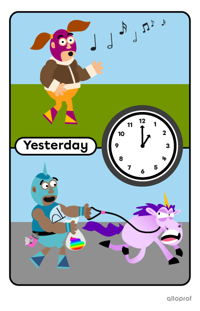 A wrestler taking a walk and whistling while another is walking his pet unicorn.